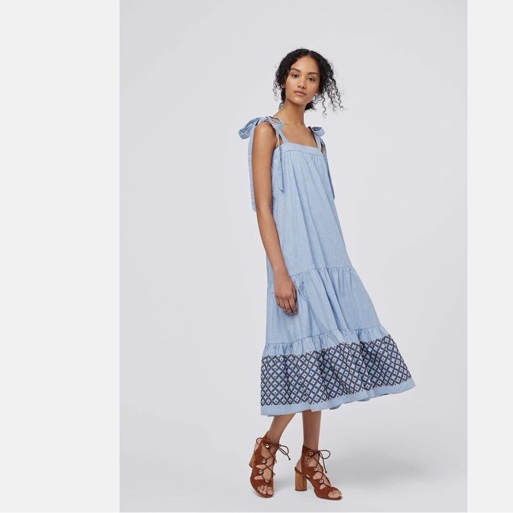 Rebecca Minkoff Light Blue Midi Dress with Patterned Hem Lucy Dress